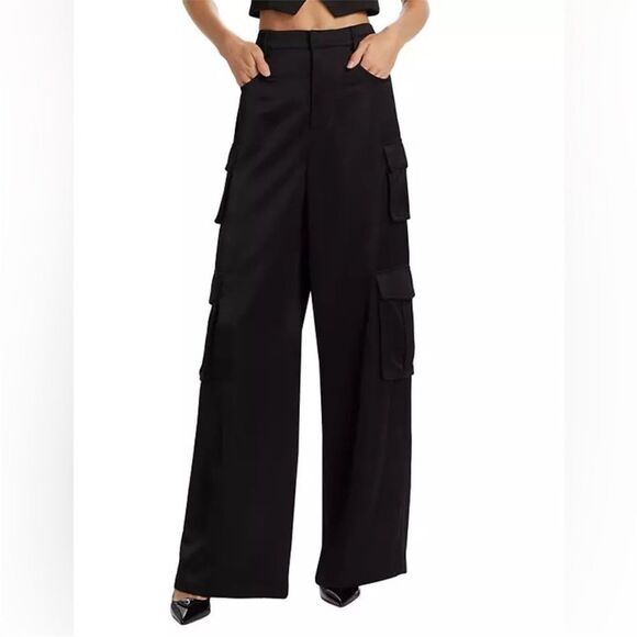 New Favorite Daughter Satin Cargo Pants Wide Leg High Rise Black Sz 0 - Picture 1 of 5